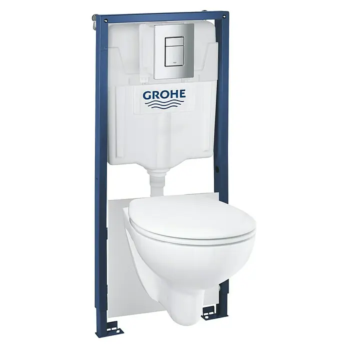 Grohe Betätigungsplatte Even - Chrom, Spül-Stopp-Spülung - Nahaufnahme eines Grohe Wand-WC-Systems mit Spülkasten und Betätigungsplatte, ideal für moderne Badezimmer.