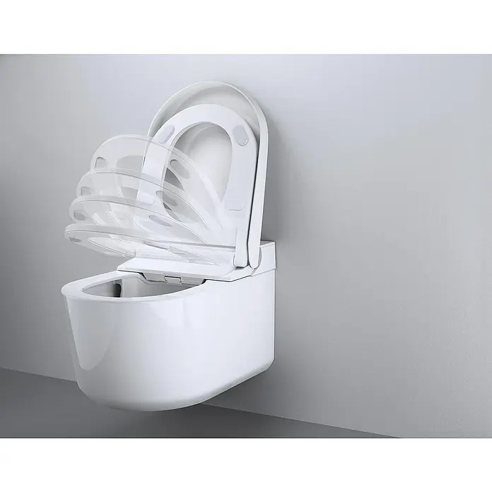 Grohe Wand-Dusch-WC-Set Sensia - Spülrandlos, Mit antibakterieller Glasur, Spülform: Tief, WC Abgang: Waagerecht, Weiß - Ein hochmodernes, wandhängendes WC mit einem sich automatisch öffnenden und schließenden Toilettendeckel, der in verschiedenen Positionen dargestellt wird.