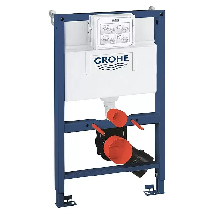Grohe WC-Vorwandelement Solido - 2-Mengen-Spülung, L x B x H: 13,5 x 50 x 82 cm - Blauer Grohe Metall-Vorwandinstallationsrahmen für ein wandhängendes WC, mit weißem Spülkasten und Anschlussrohren.