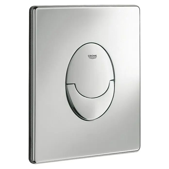 Grohe Start Betätigungsplatte - Chrom, 2-Mengen-Spülung - Nahaufnahme einer glänzenden Grohe-Betätigungsplatte für eine moderne Toilette, die durch ihr elegantes Design und die hochwertige Verarbeitung besticht.