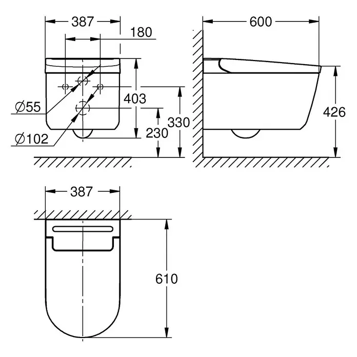 Grohe Wand-Dusch-WC-Set Sensia - Spülrandlos, Mit antibakterieller Glasur, Spülform: Tief, WC Abgang: Waagerecht, Weiß - Technische Zeichnung einer weißen Wandtoilette mit Installationsmaßen.