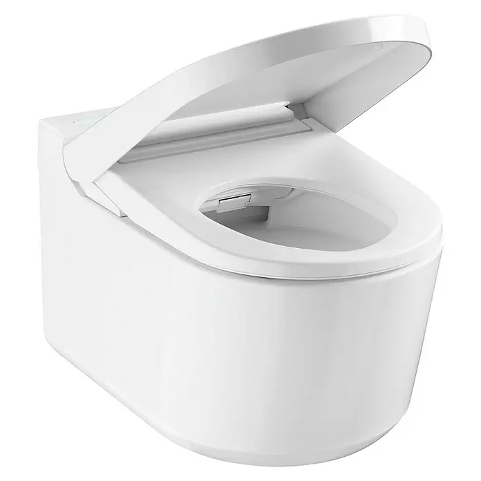 Grohe Wand-Dusch-WC-Set Sensia - Spülrandlos, Mit antibakterieller Glasur, Spülform: Tief, WC Abgang: Waagerecht, Weiß - Weißes Smart-WC mit geöffnetem Deckel, das seine modernen Funktionen zeigt.