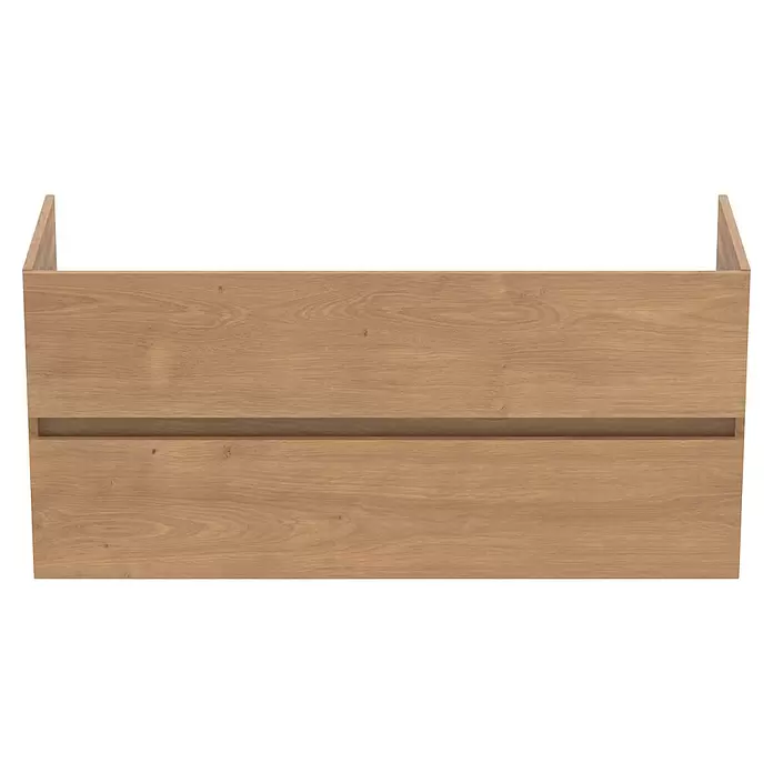 Ideal Standard Eurovit Badmöbel-Set + - 121,5 cm, Hamilton Eiche, Farbe Waschbecken: Weiß, Anzahl Schubladen: 2 Stk. - Wandhängender Waschtischunterschrank aus hellem Holz mit integrierter Griffleiste.