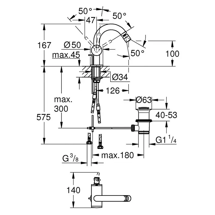 Grohe Atrio Bidetarmatur - Hard Graphite, Matt - Technische Zeichnung einer Armatur mit Maßangaben zu Höhe (575), Durchmesser (Ø50, Ø34, Ø63) und Winkel (50°).