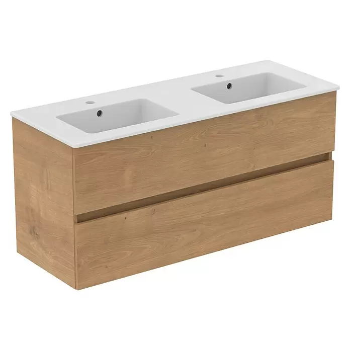 Ideal Standard Eurovit Badmöbel-Set + - 121,5 cm, Hamilton Eiche, Farbe Waschbecken: Weiß, Anzahl Schubladen: 2 Stk. - Doppelwaschtischunterschrank aus hellem Holz mit zwei weißen Keramikwaschbecken und zwei Schubladen.