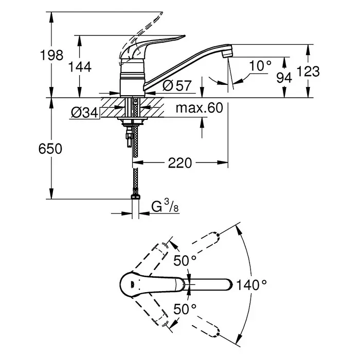 Grohe Euroeco Special Spültischarmatur - Chrom, Glänzend - Technische Zeichnung einer Küchenarmatur mit Maßen und Winkeln für Installation und Nutzung.