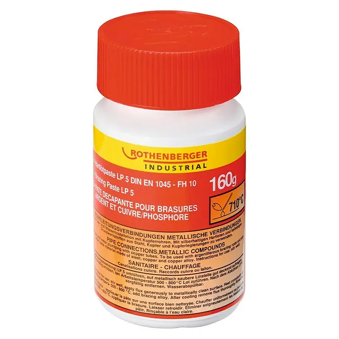 Rothenberger Industrial Pasta de soldadura fuerte LP 5 - 160 g - Imagen de un envase de 160g de pasta de soldadura fuerte Rothenberger Industrial LP 5 DIN EN 1045 - FH 10, ideal para conexiones de tuberías.