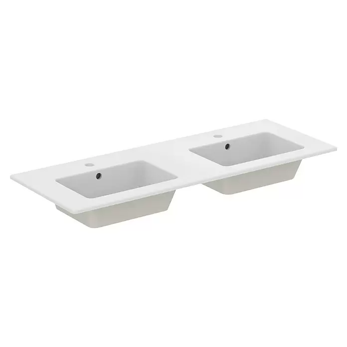 Ideal Standard Eurovit Badmöbel-Set + - 121,5 cm, Weiß, Farbe Waschbecken: Weiß, Anzahl Schubladen: 4 Stk. - Weiße Keramik-Doppelwaschtischplatte mit integrierten rechteckigen Becken, vorgebohrt für Armaturen und Überläufe.