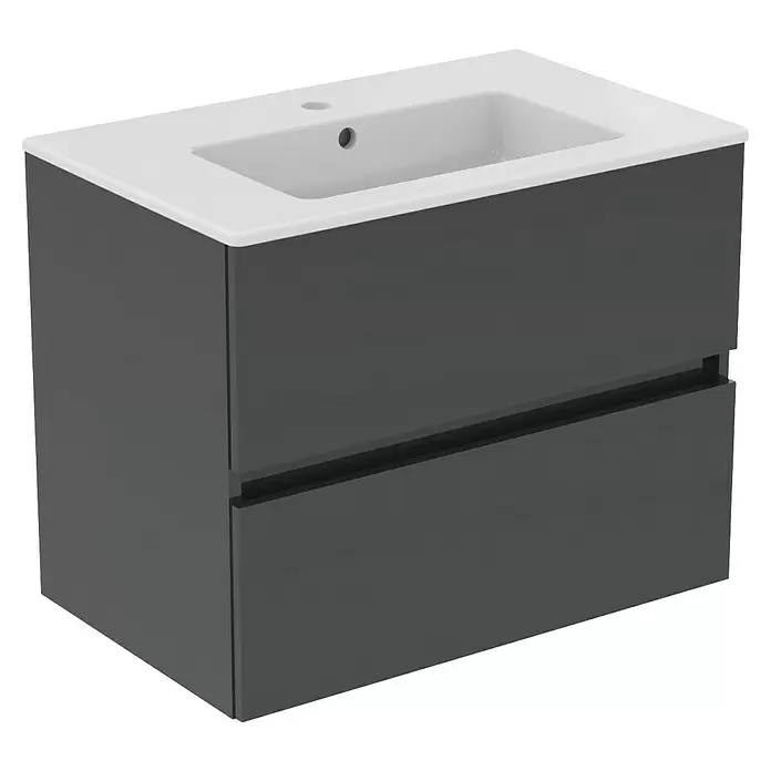 Ideal Standard Eurovit Badmöbel-Set + - 71 cm, Grau - Dunkelgrauer Badunterschrank mit zwei Schubladen und integriertem weißen Keramikwaschbecken.