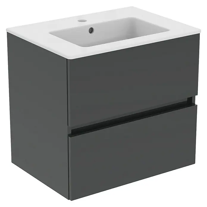 Ideal Standard Eurovit Badmöbel-Set + - 60 cm, Grau - Elegantes Waschbecken mit Unterschrank in Anthrazit. Das Badmöbelstück besticht durch sein modernes Design und seine praktischen Schubladen für Stauraum.
