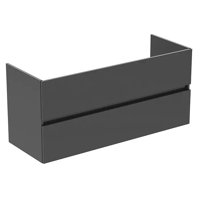 Ideal Standard Eurovit Badmöbel-Set + - 121,5 cm, Grau, Farbe Waschbecken: Weiß, Anzahl Schubladen: 2 Stk. - Dunkelgrauer, wandmontierter Badunterschrank mit zwei grifflosen Schubladen für moderne Badezimmer.