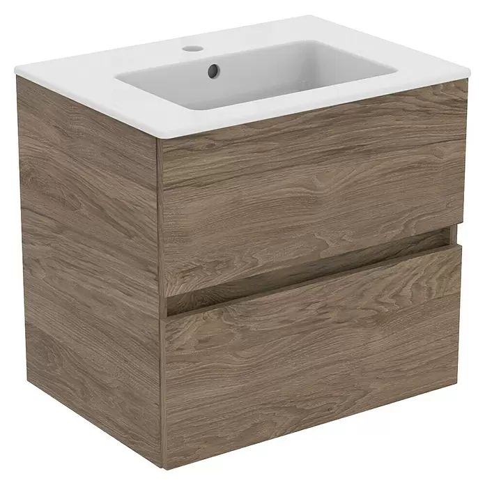 Ideal Standard Eurovit Badmöbel-Set + - 60 cm, Nussbaum - Holzoptik-Badmöbel mit weißem Keramikwaschbecken und zwei integrierten Schubladen.