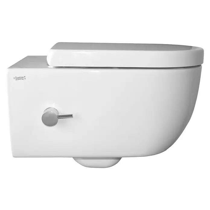 Temtasi Wand-Dusch-WC Mineral 2.0 - Spülrandlos, Ohne Spezialglasur, Spülform: Tief, WC Abgang: Waagerecht, Weiß - Nahaufnahme einer wandhängenden weißen Temtasi Toilette mit verchromtem Spülknopf an der Seite.