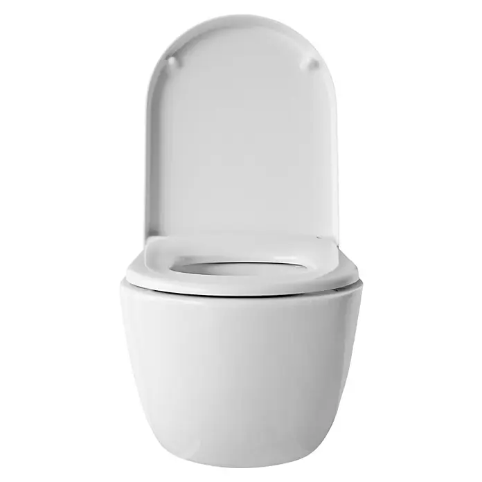 Temtasi Wand-Dusch-WC Mineral 2.0 - Spülrandlos, Ohne Spezialglasur, Spülform: Tief, WC Abgang: Waagerecht, Weiß - Wandhängendes WC mit offenem Spülrand in Weiß mit hochgeklapptem Sitz, modernes Design für jedes Badezimmer.