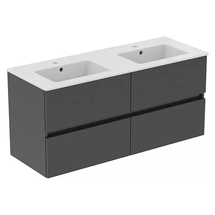 Ideal Standard Eurovit Badmöbel-Set + - 121,5 cm, Grau, Farbe Waschbecken: Weiß, Anzahl Schubladen: 4 Stk. - Moderner dunkelgrauer Doppelwaschtisch mit zwei weißen Keramikwaschbecken und vier Schubladen.