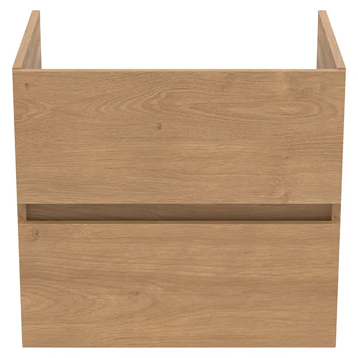Ideal Standard Eurovit Badmöbel-Set + - 60 cm, Hamilton Eiche - Ein Holzschrank mit zwei Schubladen, der eine elegante und praktische Aufbewahrungslösung bietet. Das Holz hat eine schöne Maserung.