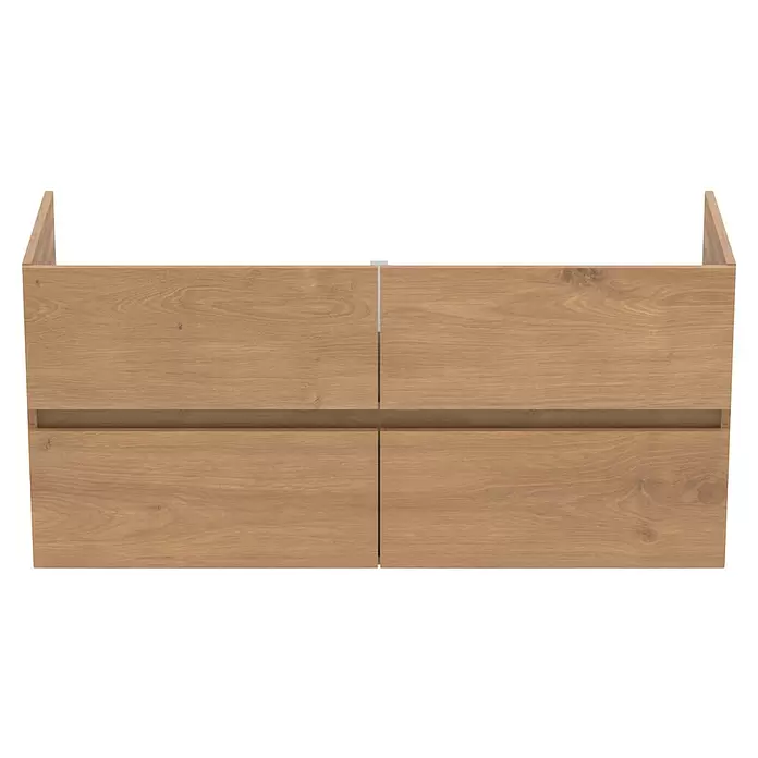 Ideal Standard Eurovit Badmöbel-Set + - 121,5 cm, Hamilton Eiche, Farbe Waschbecken: Weiß, Anzahl Schubladen: 4 Stk. - Hellbrauner Wandschrank aus Holz mit vier Schubladen und integrierten Griffleisten.