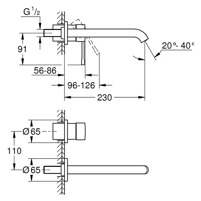 Grohe Essence Waschtischarmatur L - Wandmontage, Warm Sunset, Matt - Technische Zeichnung einer Wandarmatur mit Maßangaben.\n