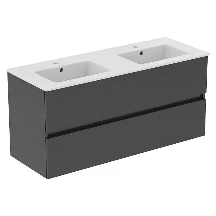 Ideal Standard Eurovit Badmöbel-Set + - 121,5 cm, Grau, Farbe Waschbecken: Weiß, Anzahl Schubladen: 2 Stk. - Grauer Doppelwaschtischunterschrank mit zwei weißen Keramikwaschbecken und zwei Schubladen.
