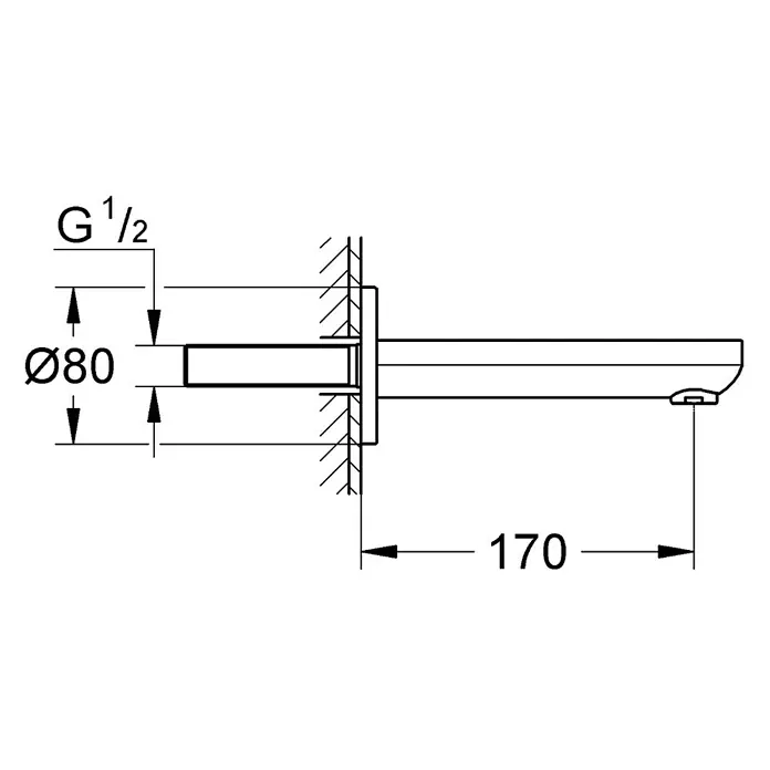Grohe Eurosmart Cosmopolitan UP-Wanneneinlauf - Chrom, Glänzend - Technische Zeichnung einer Armatur mit Maßangaben, inklusive Durchmesser Ø80 und Länge 170. Die Armatur hat einen G 1/2 Anschluss.