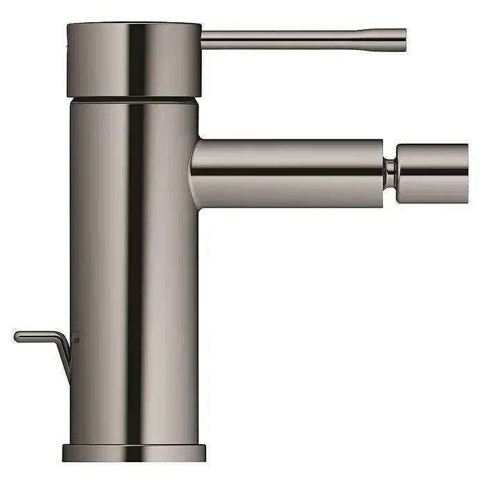 Grohe Essence New Bidetarmatur - Hard Graphite, Glänzend - Einzelner, glänzender, moderner Wasserhahn für das Badezimmer vor einem dunklen Hintergrund.