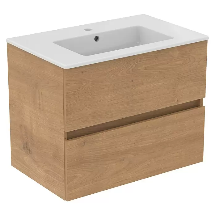 Ideal Standard Eurovit Badmöbel-Set + - 71 cm, Hamilton Eiche - Waschtischunterschrank aus hellem Holz mit zwei Schubladen und integriertem weißem Keramikwaschbecken.