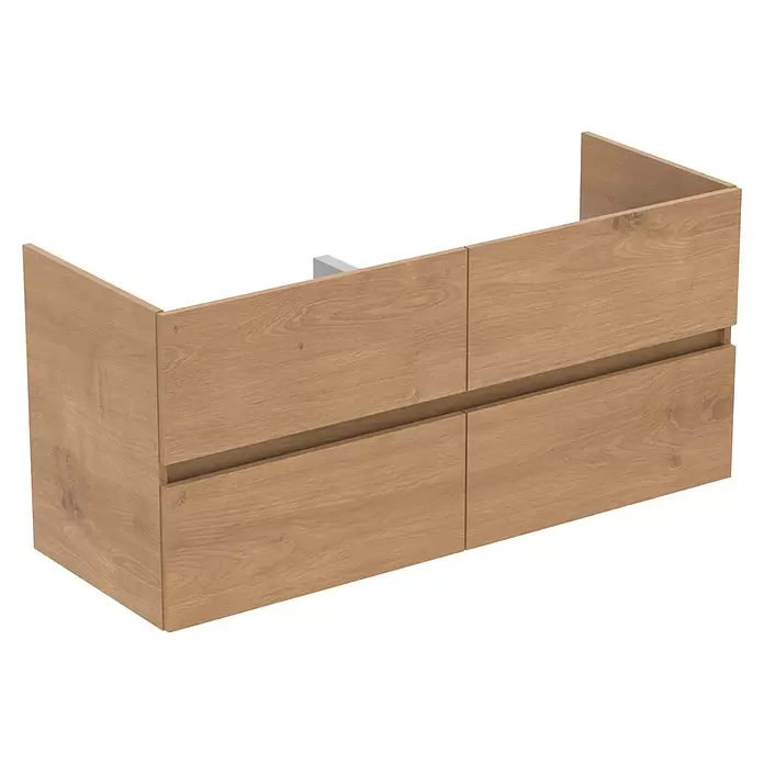 Ideal Standard Eurovit Badmöbel-Set + - 121,5 cm, Hamilton Eiche, Farbe Waschbecken: Weiß, Anzahl Schubladen: 4 Stk. - Hölzerner Badezimmer-Waschtischunterschrank mit vier grifflosen Schubladen.