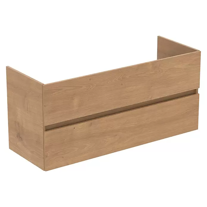 Ideal Standard Eurovit Badmöbel-Set + - 121,5 cm, Hamilton Eiche, Farbe Waschbecken: Weiß, Anzahl Schubladen: 2 Stk. - Hellbrauner schwebender Waschtischunterschrank aus Holz mit zwei Schubladen.