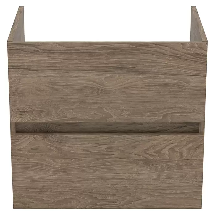 Ideal Standard Eurovit Badmöbel-Set + - 60 cm, Nussbaum - Schubladeneinheit aus Holz mit heller Holzmaserung, bestehend aus zwei horizontalen Ablagefächern.