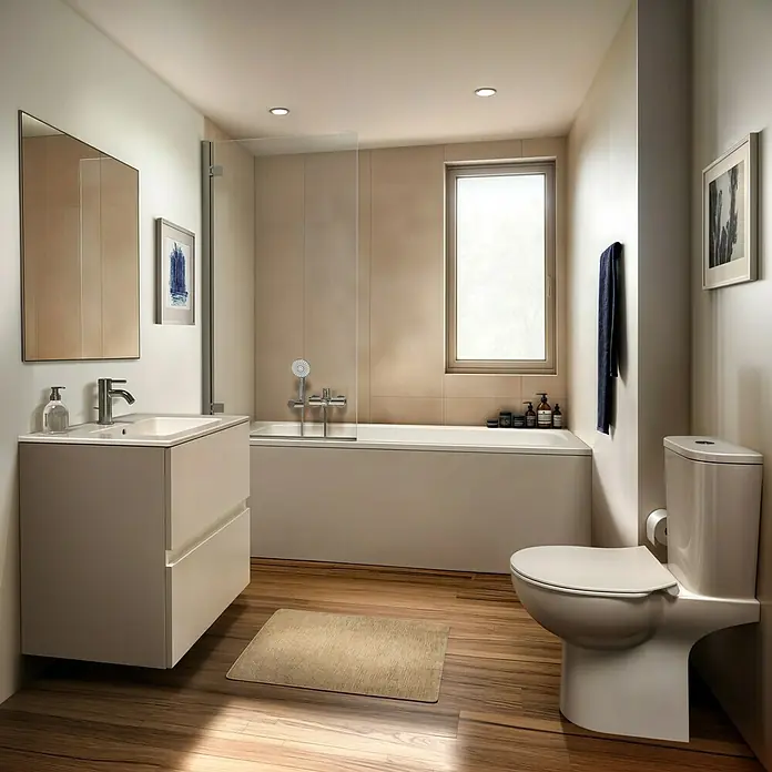Ideal Standard Eurovit Badmöbel-Set + - 60 cm, Weiß - Badezimmer mit Toilette, Waschtisch, Spiegel und Badewanne. Helles, modernes Design mit Holzboden und neutralen Farben.