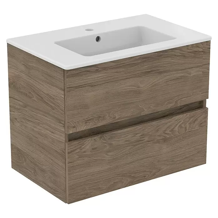 Ideal Standard Eurovit Badmöbel-Set + - 71 cm, Nussbaum - Weißes Keramikwaschbecken in einem hellbraunen Holzmaserung-Badezimmerunterschrank mit zwei Schubladen.