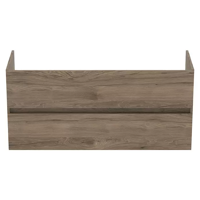 Ideal Standard Eurovit Badmöbel-Set + - 121,5 cm, Nussbaum, Farbe Waschbecken: Weiß, Anzahl Schubladen: 2 Stk. - Brauner Wandwaschtischunterschrank mit Holzmaserung und integriertem Griff.