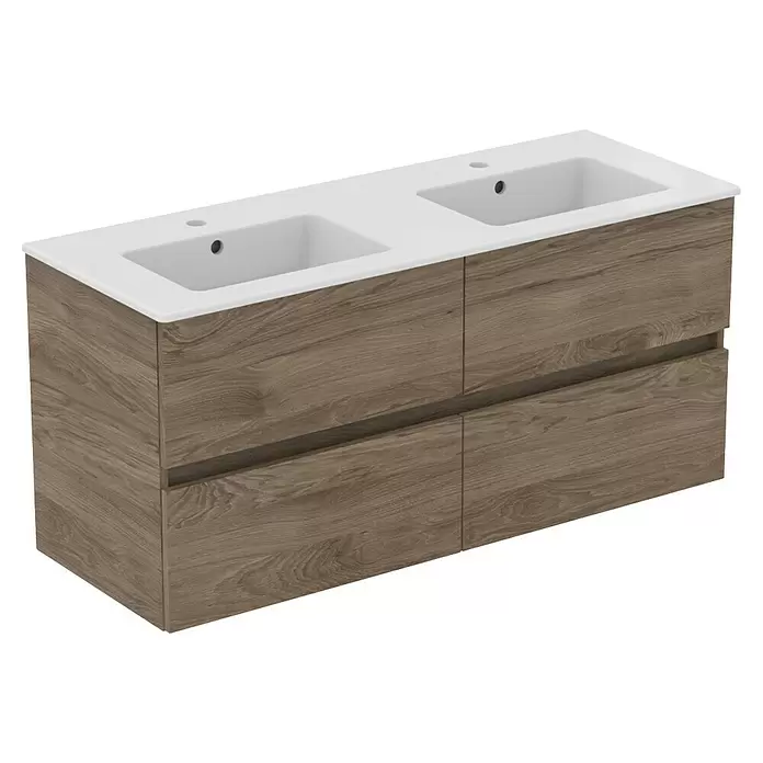 Ideal Standard Eurovit Badmöbel-Set + - 121,5 cm, Nussbaum, Farbe Waschbecken: Weiß, Anzahl Schubladen: 4 Stk. - Doppelwaschtisch mit zwei weißen Waschbecken und hellem Holzschrank mit vier Schubladen.