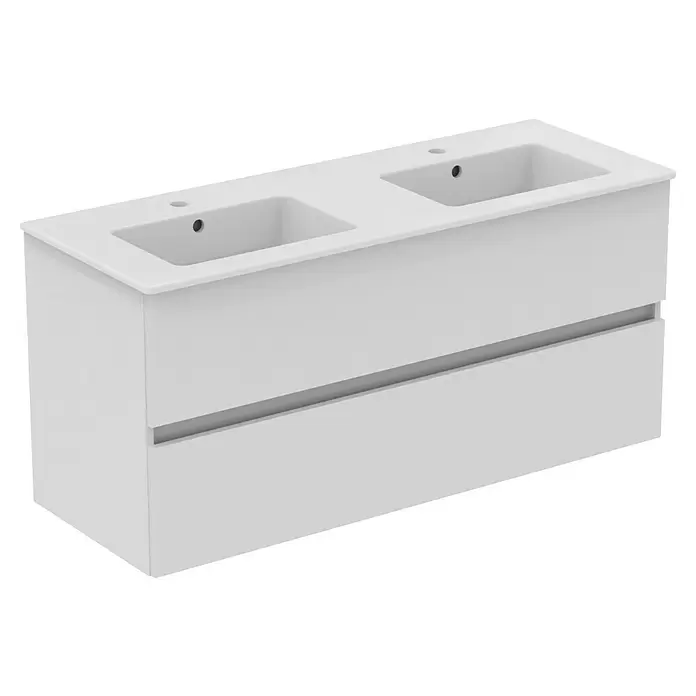 Ideal Standard Eurovit Badmöbel-Set + - 121,5 cm, Weiß, Farbe Waschbecken: Weiß, Anzahl Schubladen: 2 Stk. - Weißer wandhängender Doppelwaschtisch-Unterschrank mit zwei integrierten Becken und zwei Schubladen.