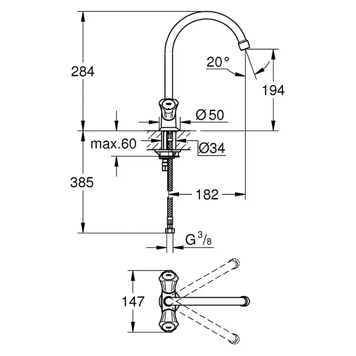 Grohe Costa Spültischarmatur - Chrom, Glänzend, Auslauf schwenkbar - Abmessungsskizze der Küchenarmatur mit den Maßen 284, 385, 194, 182, 147, Durchmesser 50 und 34 mm, sowie G 3/8 Gewinde.