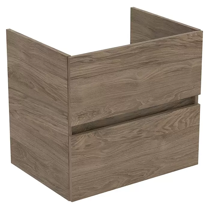 Ideal Standard Eurovit Badmöbel-Set + - 60 cm, Nussbaum - Brauner schwebender Waschtischunterschrank in Holzoptik mit zwei Schubladenfronten.