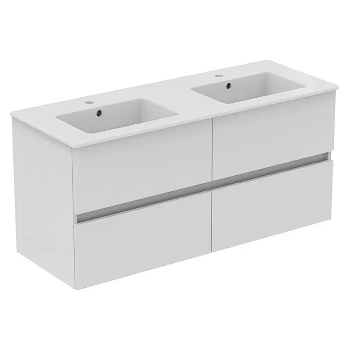 Ideal Standard Eurovit Badmöbel-Set + - 121,5 cm, Weiß, Farbe Waschbecken: Weiß, Anzahl Schubladen: 4 Stk. - Weißer Doppelwaschtischunterschrank mit zwei integrierten Keramikwaschbecken und vier Schubladen.