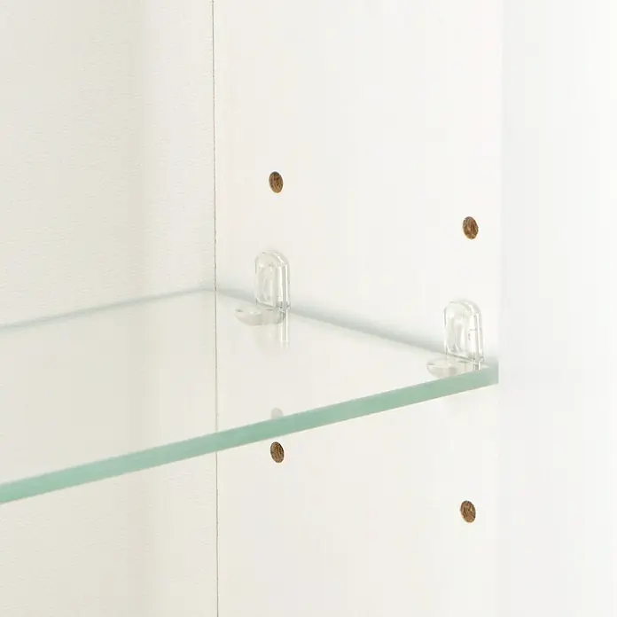 Riva LED-Spiegelschrank FloraB x H: 60 x 60 cm, Holz, Weiß - Glasboden im weißen Regal mit transparenten Halterungen und Holzdübeln für eine flexible Höhenverstellung.
