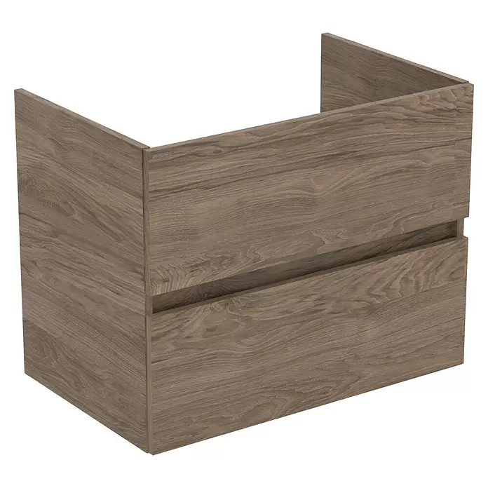 Ideal Standard Eurovit Badmöbel-Set + - 71 cm, Nussbaum - Brauner Holzmaserung-Badezimmer-Waschtischunterschrank mit zwei Schubladen.