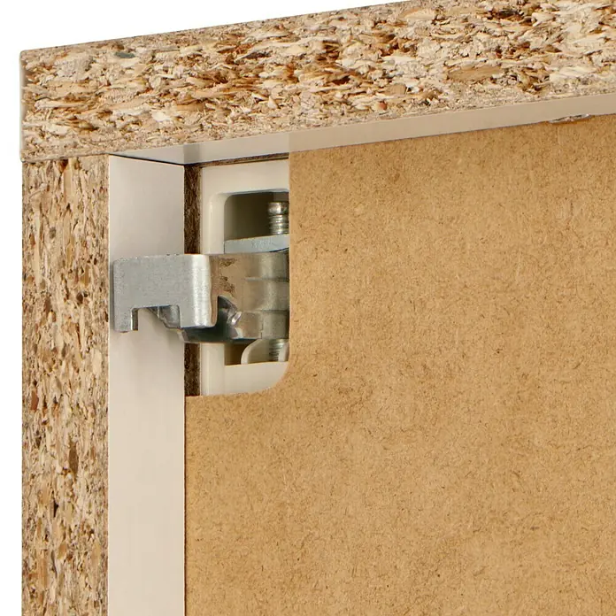 Jokey LED-Spiegelschrank Lena - B x H: 80 x 64 cm, Holz, Weiß - Detailansicht eines Schiebetürbeschlags aus Metall, der in einer Holztür eingebaut ist, für sanftes Gleiten und hohe Stabilität.