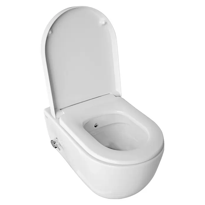 Temtasi Wand-Dusch-WC Mineral 2.0 - Spülrandlos, Ohne Spezialglasur, Spülform: Tief, WC Abgang: Waagerecht, Weiß - Nahaufnahme einer weißen Toilette mit offenem Deckel, die das moderne Design und die sanften Kurven des Objekts hervorhebt.