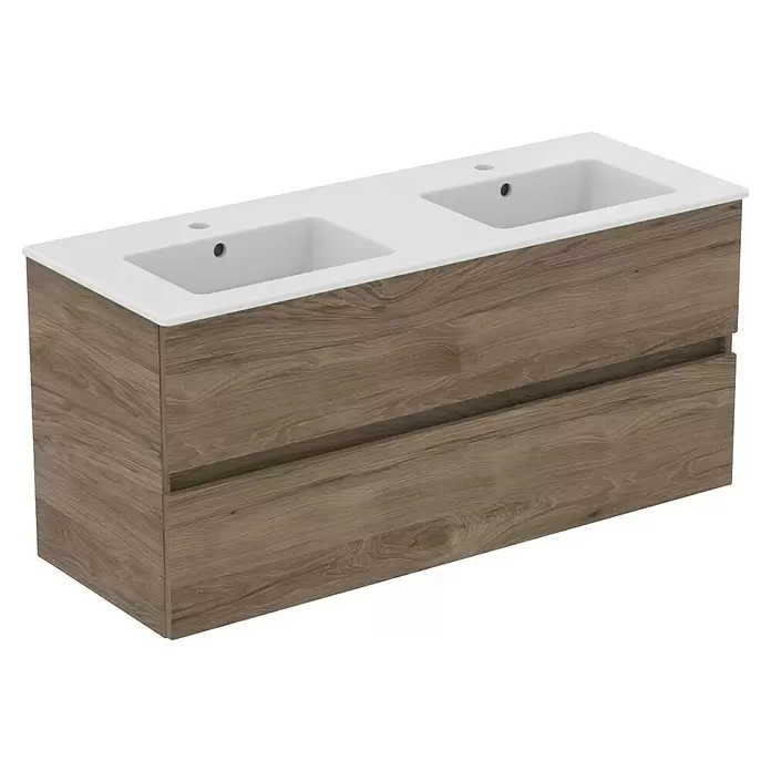Ideal Standard Eurovit Badmöbel-Set + - 121,5 cm, Nussbaum, Farbe Waschbecken: Weiß, Anzahl Schubladen: 2 Stk. - Weißer Doppelwaschtisch-Unterschrank mit zwei Schubladen und heller Holzmaserung.