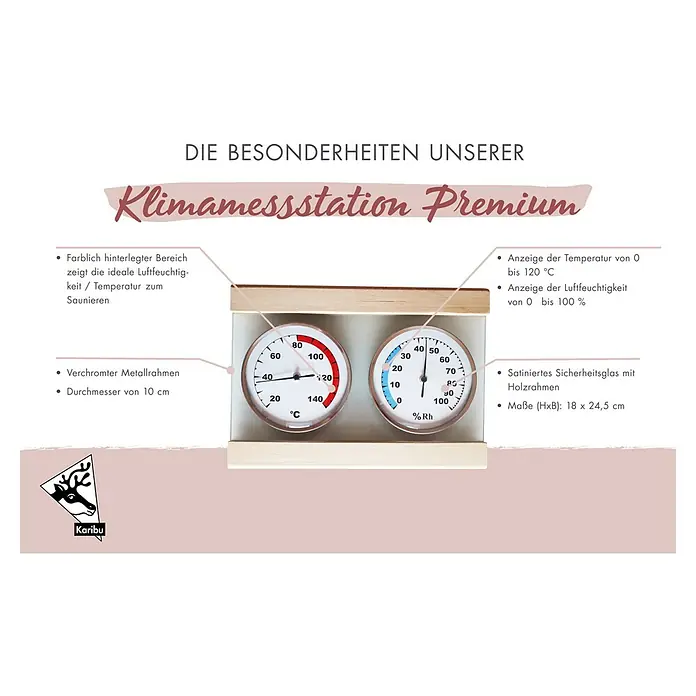 Karibu Hygro- & Thermometer-Set Premium - Temperaturbereich Thermometer: 0 °C - 120 °C, Messbereich Hygrometer: 0 - 100 % r.F. - Premium Klimamessstation mit Thermometer und Hygrometer zur Messung von Temperatur und Luftfeuchtigkeit, ideal für Saunen, mit Holzrahmen.