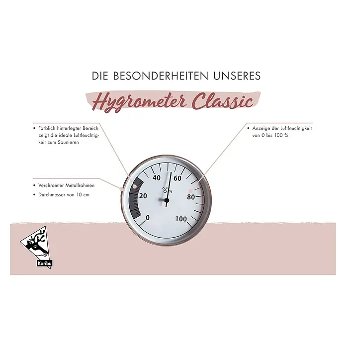 Karibu Hygrometer Classic - Metall, Messbereich Hygrometer: 0 - 100 % r.F. - Abbildung eines Hygrometer Classic, das die Luftfeuchtigkeit von 0 bis 100 % anzeigt und ideal für Saunen ist, mit einem Durchmesser von 10 cm.