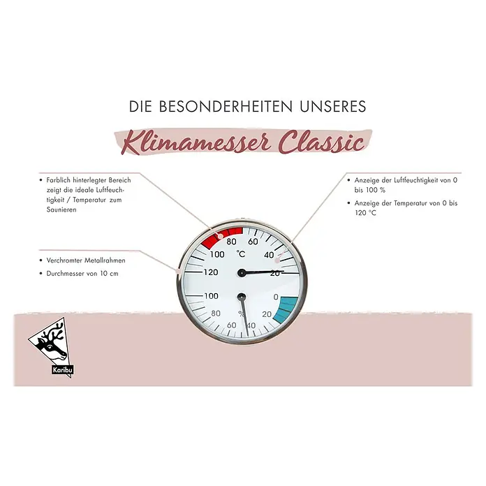 Karibu Klimamesser Classic - Temperaturbereich Thermometer: 0 °C - 120 °C, Messbereich Hygrometer: 0 - 100 % r.F. - Abbildung eines Klimamesser Classic, der Temperatur und Luftfeuchtigkeit anzeigt, ideal für Saunen.
