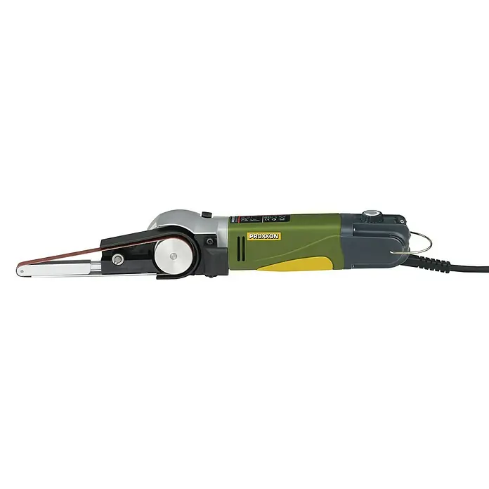 Proxxon Micromot Lijadora de banda eléctrica BS/E - 80 W - Primer plano de una lijadora de banda Proxxon, ideal para trabajos de lijado finos con guía precisa y alto rendimiento.