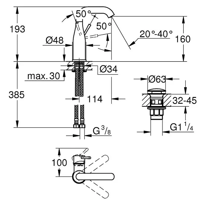 Grohe Essence New Waschtischarmatur M-Size - Chrom, Glänzend - Detailzeichnung einer Armatur mit Maßen.