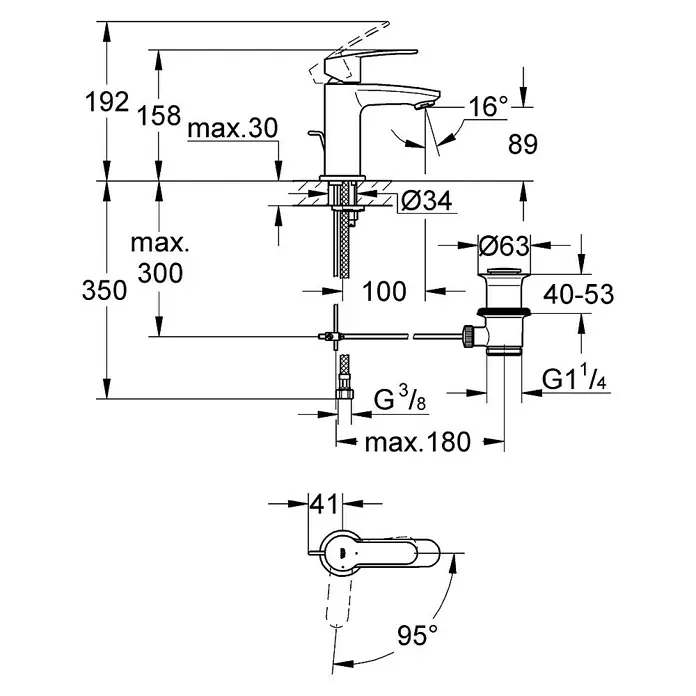 Grohe Eurostyle Cosmopolitan Waschtischarmatur S-Size - Chrom, Glänzend, Höhe: 15,8 cm, Mit Energie-Sparfunktion - Technische Zeichnung eines Wasserhahns mit Maßangaben zur detaillierten Installation und Planung des Sanitärbereichs.