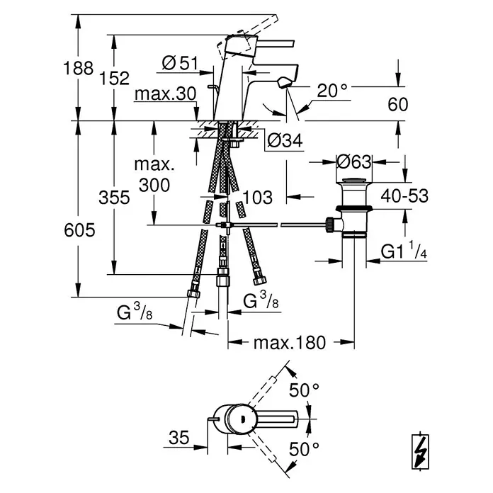 Grohe Concetto Waschtischarmatur S-Size - Niederdruck, Chrom, Glänzend - Eine detaillierte Zeichnung eines Wasserhahns mit Maßangaben zu Höhe, Durchmesser und Ausladung.