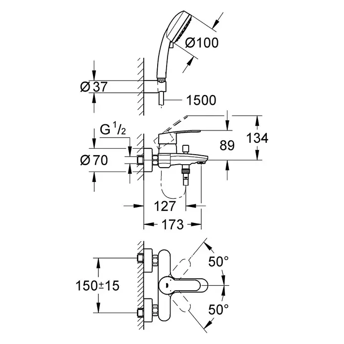 Grohe Eurostyle Cosmopolitan Badewannenarmatur - Ausladung Armatur: 173 mm, Chrom, Glänzend, Handbrause - Eine technische Zeichnung einer Duscharmatur mit Handbrause und Maßen, inklusive Wandbefestigung und Abmessungen.
